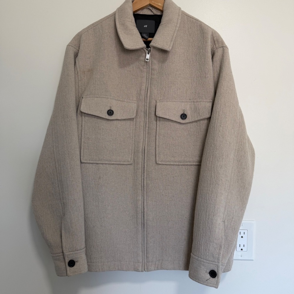 H&M Zip-Up Wool Blend Overshirt Shacket Beige Mens XL Utility Jacket